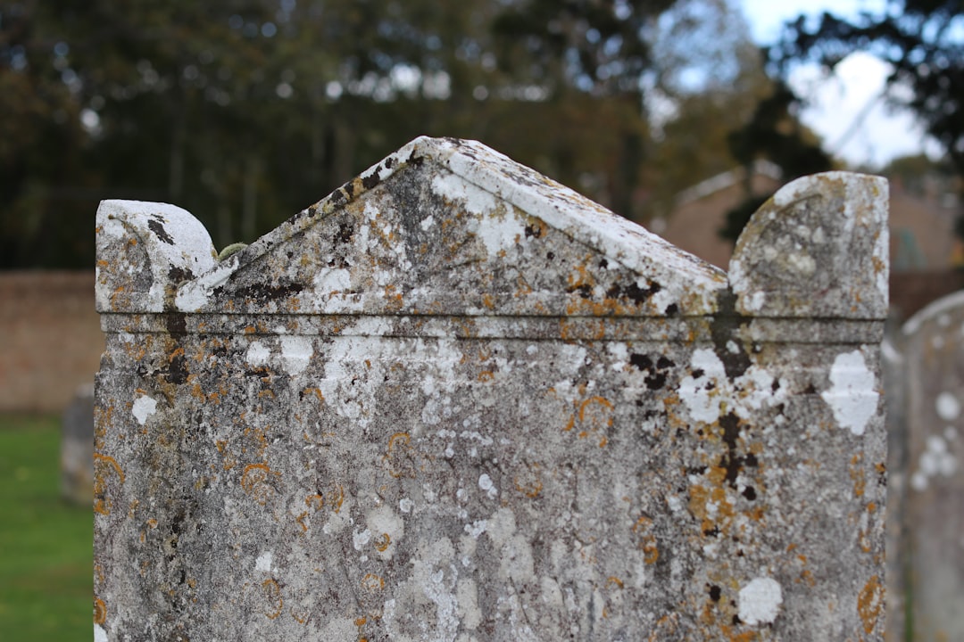 Close-up view of a carved gravestone with symbolic inscriptions, conveying memory and forgiveness themes